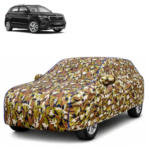 Image of Waterproof Car Body Cover for Skoda Kushaq with Mirror Pocket| Cotton Inner Lining | Triple Stitched | All Weather Protection | Dust, UV & Rain Proof (Camouflage with Blue Piping)