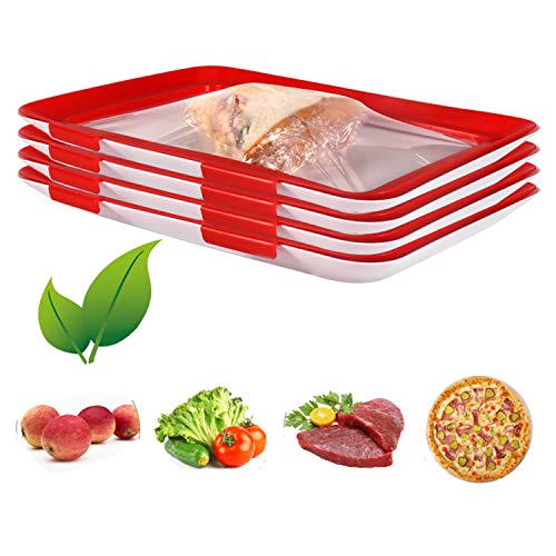 CaOJing Vassoio Sottovuoto, Vassoio Riutilizzabile Impilabile per Alimenti, Vassoio Sottovuoto con Coperchio Elastico, Utilizzato per Frutta, Verdura, Carne e Pesce. (4 PCS)