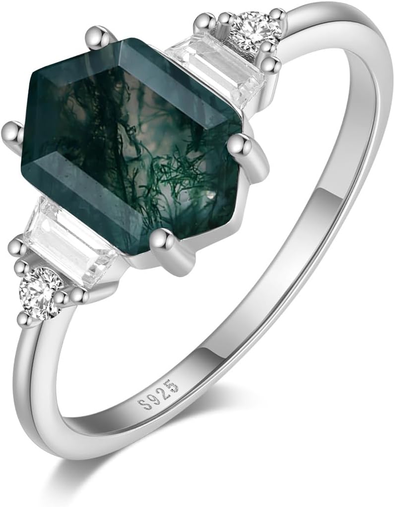 Natural Moss Agate Ring 925 Sterling Silver Engagement Promise Rings for Women Birthday Mother's Day Jewelry Gift (7, Silver)