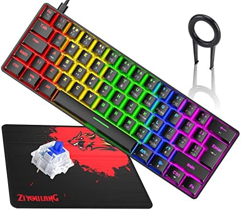 60% True Mechanical Gaming Keyboard Ultra-compact with 20 Rainbow Backlit Type C Wired Programmable 62 Keys Tactile Blue Switch Waterproof Non-Conflict and Gaming Mouse Pad  for PC/Laptop/PS5（Black)