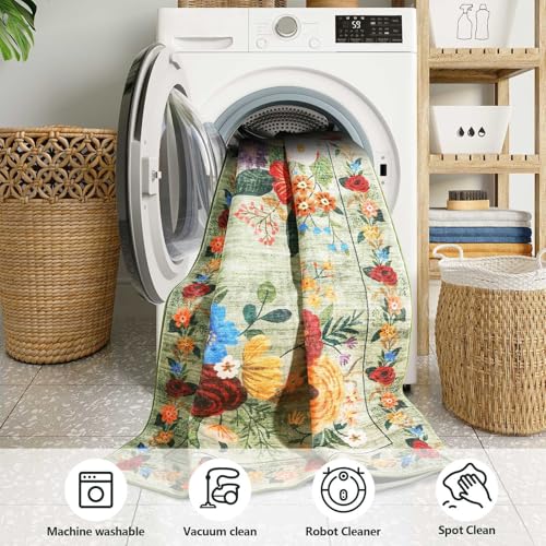 Hallway Runner Rugs 60x180cm, Non-Slip & Machine Washable Low Pile Kitchen Runner, Floral Printed Soft Carpet Runner for Hall, Entryway, Laundry, Lounge, Office, Bedroom, Green - Image 5