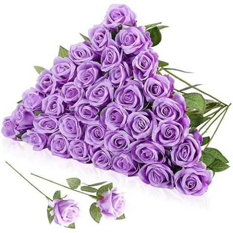 Hoemwarm 36 Pcs Silk Purple Rose Bouquet Bridal Artificial Flowers,Fake Rose Long Stem Realistic Artificial Flowers Bulk for Wedding Bouquet Ball Arrangement Centerpiece Party Decor Cover