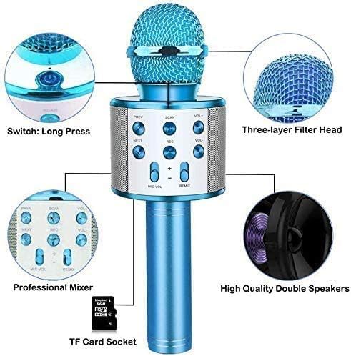 Diagram of WS-858 microphone showing controls, filter head, speakers, and TF card socket