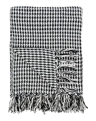 AUBRY GASPARD - Plaid Pied-de-Poule Coton Noir/Blanc 170x130 cm - Franges Élégantes - Idéal Canapé/Fauteuil - Lavable en Machine - Parfait Décoration Chic...