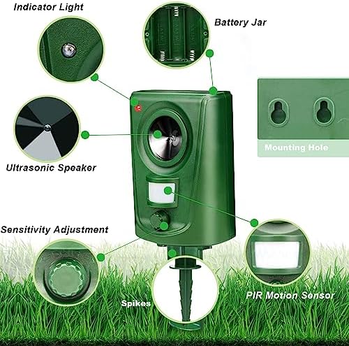 FIOLOM Animal Repellent Battery Powered Animal Repeller Ultrasonic Deterrent Devices Outdoor Defender for Cat Dog Rabbit Squirrel Rat Deer Raccoon Skunk Waterproof with Motion Detector