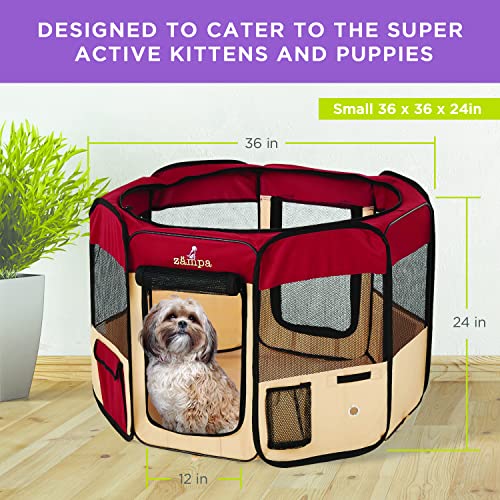 Zampa Puppy Pop Up Portable Playpen for Dog and Cat, Foldable | Indoor/Outdoor Kitten Pen & Travel Pet Carrier + Carrying Case (Red, Small (36"x36"x24"))
