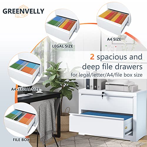 Greenvelly 2 Drawer Lateral File Cabinet White Lateral Filing Cabinet With Lock, Adjustable Hanging Bars, Locking Metal Lockable Home Office Drawer Cabinet With 2 Keys For Legal And Letter Size #TOP4