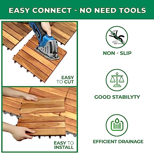 Solid Wood Interlocking Flooring Tiles (Pack of 10, 12\" x 12\"), Acacia Deck Tiles, Floor Tiles for Both Indoor and Outdoor Use, Waterproof All Weather 6 Slat (12x12, Natural Color) - Thumbnail 4