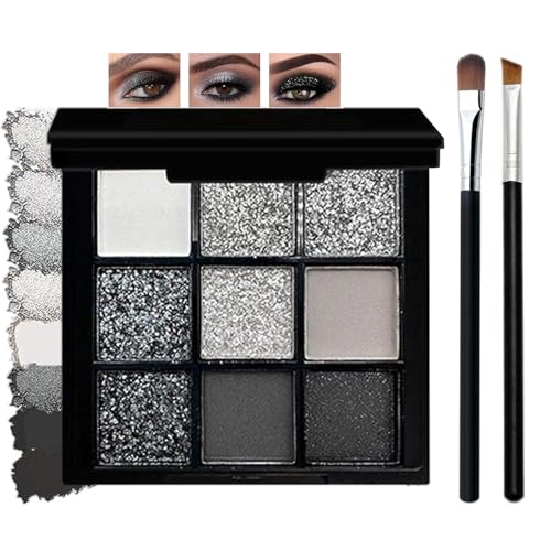 Image of Glitter Eyeshadow Palette with Brush – 9 Cool-Toned Shades Featuring Silver Glitter, Matte & Shimmer Finishes – Waterproof, Long-Lasting Smokey Eye Makeup for Women