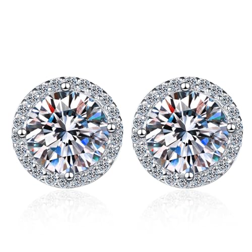 Image of GRA Certified 925 Sterling Silver Stud Moissanite Stud Earrings, 1-4ct DF Color Brilliant Halo Round Cut Moissanite Earrings 925 Sterling Silver Friction Back for Women