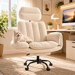 HOMRELEXA Cross Legged Office Chair, Big and Tall Ergonomic Executive Desk Chair with Footrest, Teddy Velvet, 0°-90° Adjustable Armrests, Wide Seat, Comfy Reclining Swivel Computer Chair, White