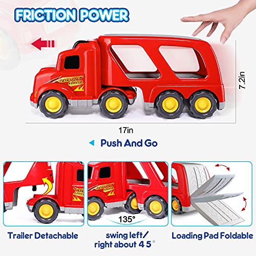 HINZER Fire Carrier Truck Transport Car Play Vehicles Toys for 3 Year Old Boys and Girls- 5 in 1 Friction Power Push and Go Play Vehicles