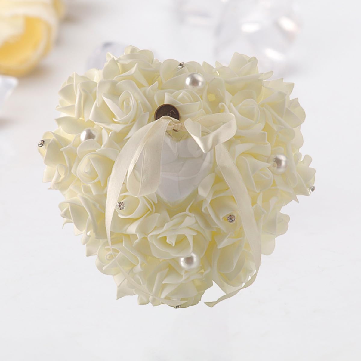 BESTonZON Milky White Wedding Ring Cushion Heart Shape with Pearl Foam Rose Decorative Pillow for Ring Bearer Ceremony Wedding Event