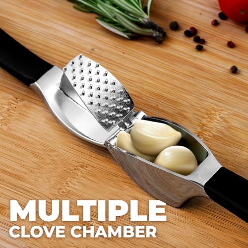 Zulay Kitchen Comfort Grip Garlic Press - Garlic Mincer Tool - Garlic Crusher - Garlic Press Mincer Rust Proof, with Soft Ergonomic Handle, Easy Clean Set with Peeler and Brush by Zulay Kitchen - Image 4