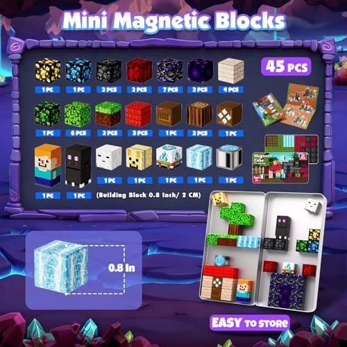 GraceDuck Magnetic Blocks with Iron Box, Obsidian Nether Portal 45 PCS Travel Magnetic Building Blocks, STEM Educational Building Set Construction Toys for Kids Ages 3+, Building Toys