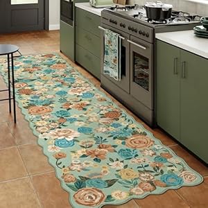 Washable Floral Runner Rug 2x6 Green Hallway Carpet Scalloped Flower Non Slip Soft Long Kitchen Runner Farmhouse Low Pile Thin Indoor Floor Cover for Bathroom Bedroom Laundry Room Entryway 2