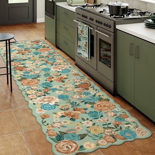 Washable Floral Runner Rug 2x6 Green Hallway Carpet Scalloped Flower Non Slip Soft Long Kitchen Runner Farmhouse Low Pile Thin Indoor Floor Cover for Bathroom Bedroom Laundry Room Entryway 2