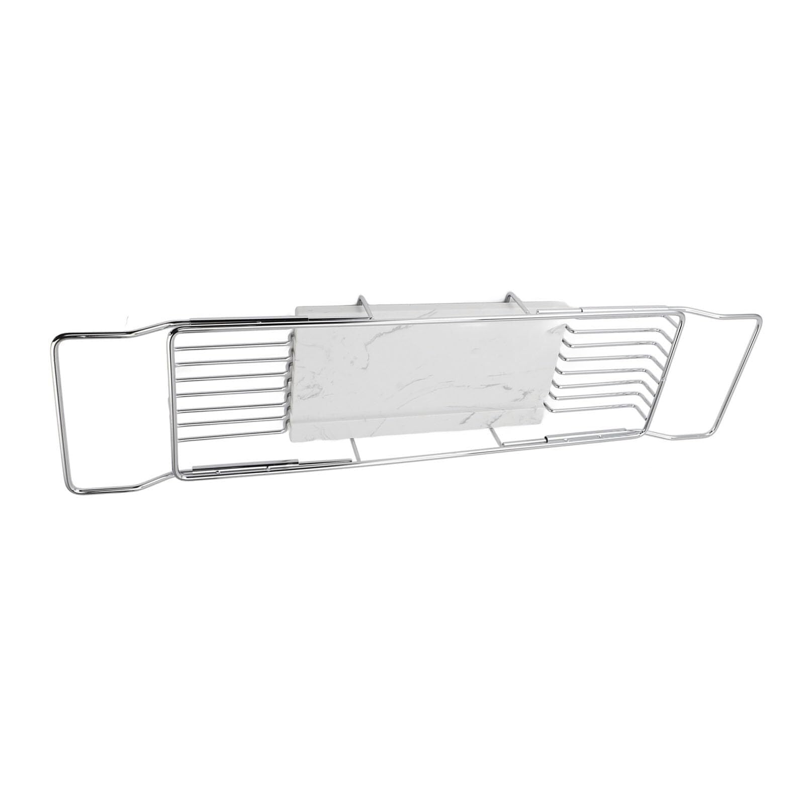 Bandeja y organizador de lujo para bañera, estante ajustable plateado y blanco para champú, jabón y accesorios, diseño duradero que se adapta a la mayoría de tinas para una mejor experiencia de spa y