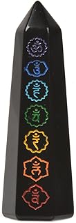 Justinstones Black Obsidian 7 Main Chakras Seven Symbolic Sanskrit Text Crystal Tower Healing Crystal The Seven Chakras Wand for Spiritual Use Hexagonal Point Reiki Chakra Gemstone Home Office Decor