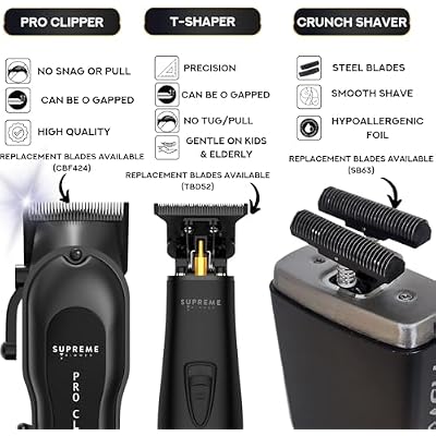 Supreme Trimmer 3-in-1 Barber Bundle | Pro Clipper Lite, T-Shaper Trimmer & Crunch Foil Shaver | Professional Beard Trimmer Mens Hair Clipper Kit | Black
