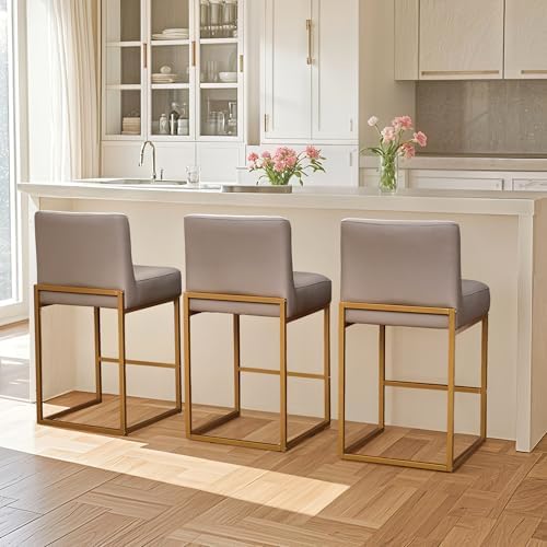 Modern Bar Stools Set of 3-26 Luxury Gray Vegan Leather Counter Stools, Tall Industrial Style Bar Height Stools with Brass Base, for Kitchen & Home Pub