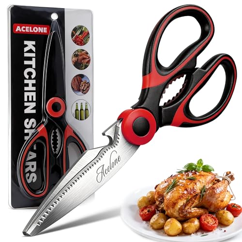 Acelone Kitchen Shears, Premium Heavy Duty Shears Ultra Sharp Stainless Steel Multi-function Kitchen Scissors for Chicken/Poultry/Fish/Meat/Vegetables/Herbs/BBQ… (Red black)