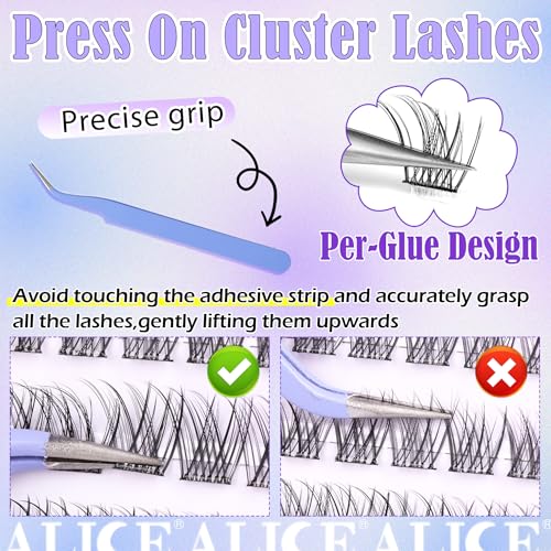 Self Adhesive Eyelashes Reusable Natural Self Adhesive Lash Clusters Wispy Press on Lashes Pre-Glue 8-14mm 120pcs C Curl DIY Eyelash Extensions Kit No Glue Needed with Lash Tweezers by ALICE