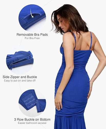 Popilush Corset Dress Built in Shapewear Bodycon Cocktail Dresses for Women Wedding Guest Deep V Neck Mesh Ruched Maxi Dress Blue — view 5