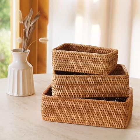 Bread Baskets for Serving, Rattan Storage Basket Bread Basket, Handmade Rattan Baskets Bread Baskets for Kitchen Counter, Rattan Bread Baskets Food Baskets for Kitchen Rectangle Wicker Basket Set of 3 Cover