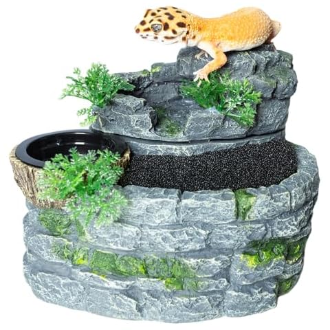 SUKEOPET 500ML Reptile Waterfall Fountain, Reptile Water Drinking Fountain for Bearded Dragons, Geckos & Lizards – Terrarium Waterfall with Feeding Bowl, Flowing Water, Natural Resin Cover