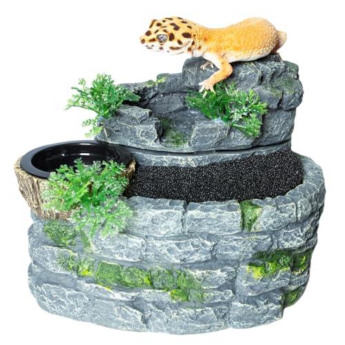 SUKEOPET 500ML Reptile Waterfall Fountain Reptile Water Drinking Fountain for Bearded Dragons Geckos & Lizards Terrarium Waterfall with Feeding Bowl Flowing Water Natural Resin