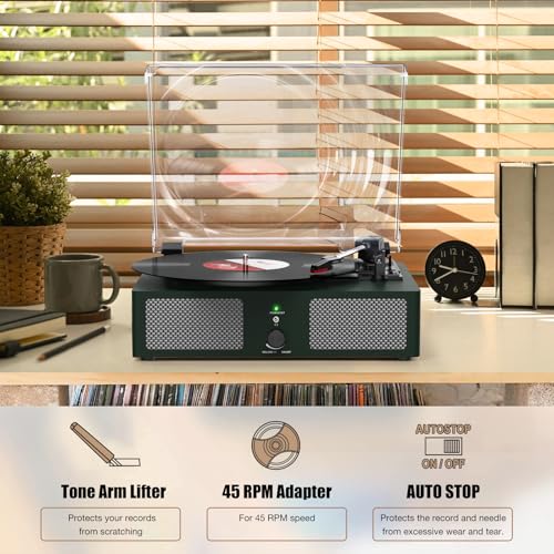 Image of Vinyl Record Player with Built-in Speakers and USB,Belt-Driven Bluetooth Turntable with 3 Speed AUX Input Headphone Jack and RCA Output Vintage Wooden DarkGreen