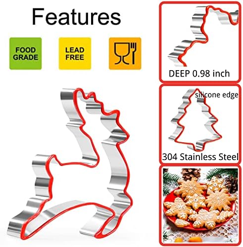 Crethink Christmas Cookie Cutter Set for Baking,Stainless Steel Biscuit Cutters with Comfort Grip,6 Pieces Fondant Cutters-Gingerbread Man,Snowflake,Snowman,Christmas Tree,Reindeer,Lantern