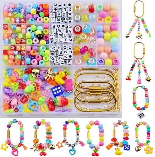 Cmidy Bag Charm Kit DIY Keychain Carabiner Bag Charm Making Kit Supplies Custom Beaded Keychain Purse Charms Kits Set Including Large Hole Beads Acrylic Charms Gold Carabiner Clip (Multicolor) by Cmidy - Used condition - US$14.79