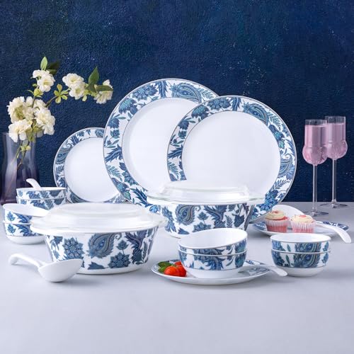 Image of Larah by Borosil 37pc Opalware New Iris Dinner Set for Family of 6 | Microwave & Dishwasher Safe Crockery Set for Dining & Gifting | Plates & Bowls