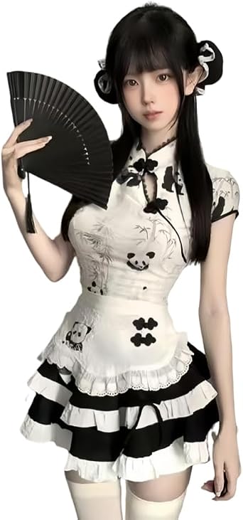 Gothic Lolita Chinese Dress for Women, Chinese Lolita, Mass-Produced Style, Short Sleeves, Standard Collar, 3-Piece Set, Top, Mini Skirt, Maid Apron, Princess, Gal, Pretty, Cosplay, School