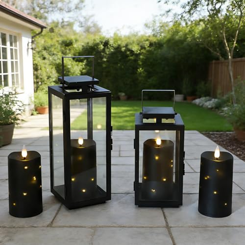 Image of Lezonic Black Flameless Waterproof Outdoor Candles with Remote, 4Pcs Battery Operated Candles LED Flickering Dancing Flame, Built-in String Lights for Halloween Patio Room Decor, 3.25 inch x 6 inch