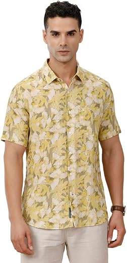 Linen Club Men's Linen Rich Printed Contemporary Fit Full Sleeve Casual Shirt