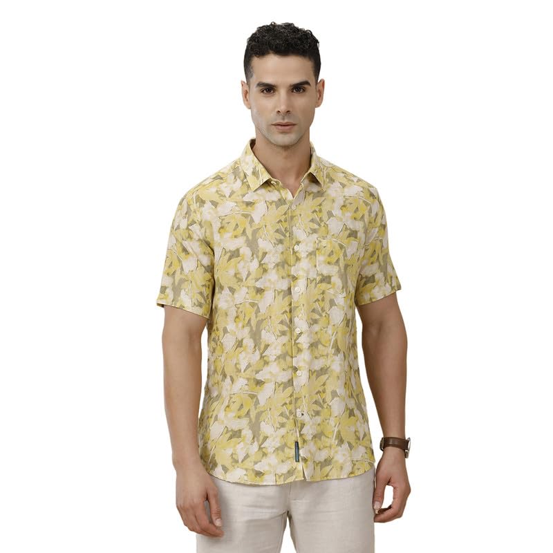 Linen Club Men's Linen Rich Printed Contemporary Fit Full Sleeve Casual Shirt