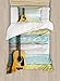 Ambesonne Music Duvet Cover Set, Acoustic Guitar on Colorful Painted Aged Wooden Planks Rustic Country Design Print, Decorative 2 Piece Bedding Set with 1 Pillow Sham, Twin Size, Yellow Green