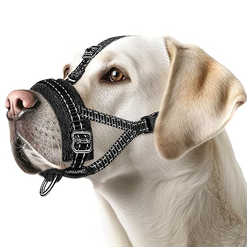 Eyein Soft Nylon Dog Muzzle - Adjustable Reflective Dog Mouth Cover with Connection Strap Prevents Biting Barking - Allows Panting Drinking Dog Mask Pet Muzzles for Small Medium Large Dogs (Black,M)