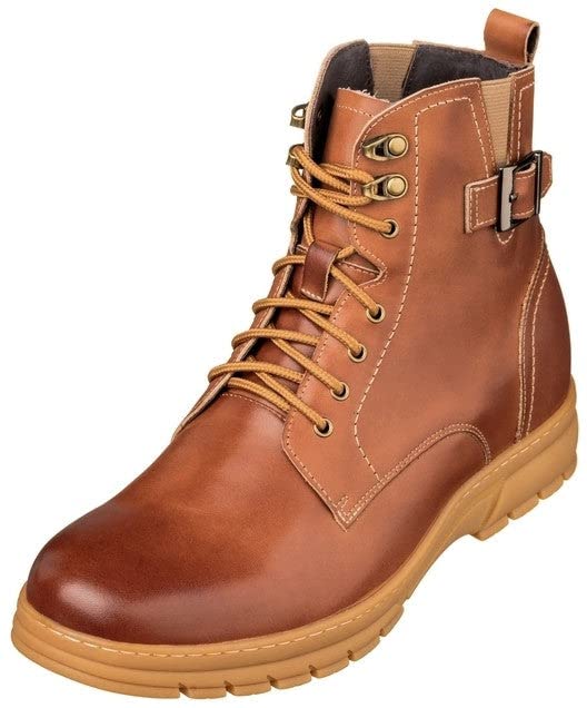 TOTO Men's Invisible Height Increasing Elevator Shoes - Light Brown Premium Leather Lace-up Combat Style High-Top Boots - 2.8 Inches Taller - K16205 - Size 9 D(M) US