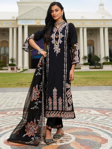 Image of INDO ERA Women's Silk Blend Embroidered Straight Kurta Pant with Dupatta (Ieout6967)