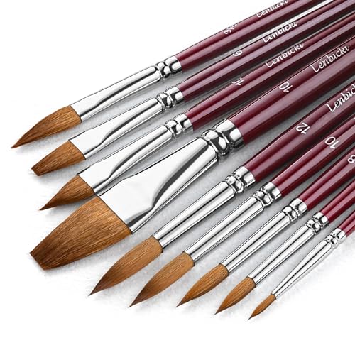 Kolinsky Sable Paint Brushes Professional Kolinsky Watercolor Paint Brushes Set for Artists 9pcs,Kolinsky Sable Hair Brushes for Watercolor, Acrylic, Includes Round Pointed, Flat, Cat's Tongue