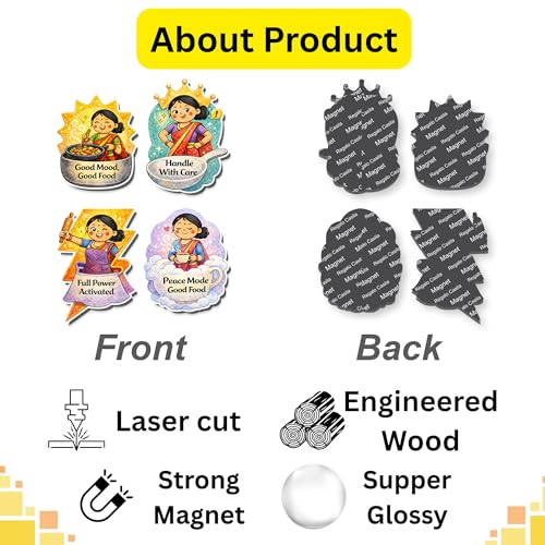 Image of Regalo Casila Kitchen Fridge Magnets Set of 4 Good Mood Good Food Full Power Activated Peace Mode Good Food Handle with Care Wooden Laser Cut Refrigerator Magnet Decor