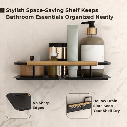 Image of Plantex Self Adhesive Bathroom Shelf /Stainless Steel Bathroom Shelf Rack /Wall Shelf for Bathroom /Bathroom Organiser Without Drill /Bathroom Accessories Set- Pack of 1 (12x5 inches, Gold & Black)
