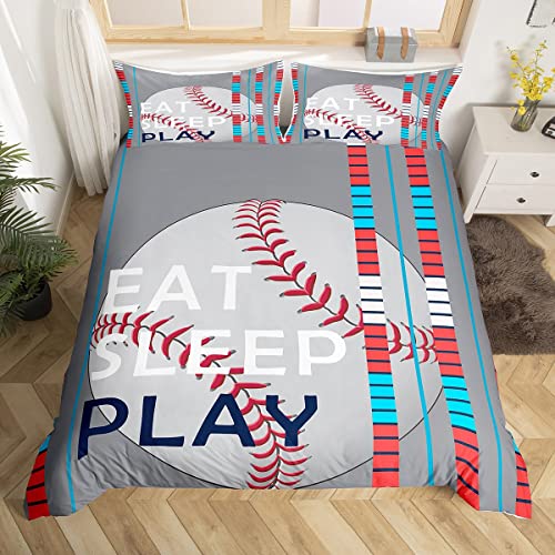 Baseball Comforter Cover Sports Game Bedding Set for Boys Girls Baseball Gaming Grey Stripe Duvet Cover Gift for Baseball Softball Lover King Size