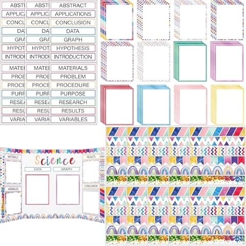 Dispowreath 114 Pcs Science Fair Board Supplies Includes Self Adhesive Fair Project Titles Subtitles Science Presentation Bulletin Border Letter Stickers Classroom(Oh Happy Day Style) Cover