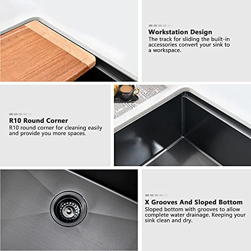28 Inch Black Undermount Kitchen Sink Workstation-VASOYO 28x19 Black Stainless Steel Kitchen Sink Undermount Workstation Sinks 16 Gauge 304 Stainless Steel Single Bowl Deep Sinks with Cutting Board by VASOYO - Image 5