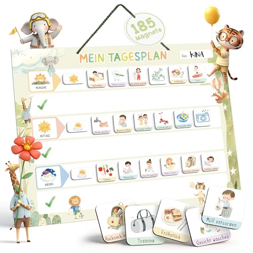 Routine Planer Kinder [inkl. 185 Magneten], Montessori Tagesplaner Kinder Routine - Tagesablauf Plan für Morgenroutine & Abendroutine - Idealer Tagesplan Magnetisch, Aufgabentafel ab 2-8 Jahre